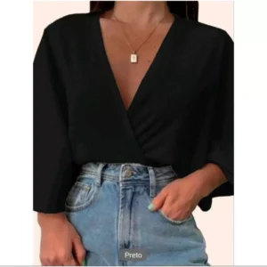 Blusa Transpassada Cropped Feminino Decote V Manga Morcego