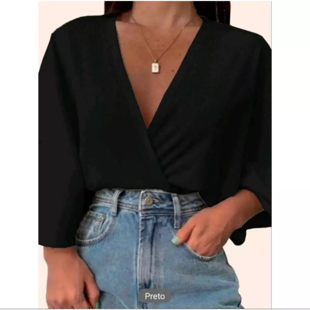 Blusa Transpassada Cropped Feminino Decote V Manga Morcego