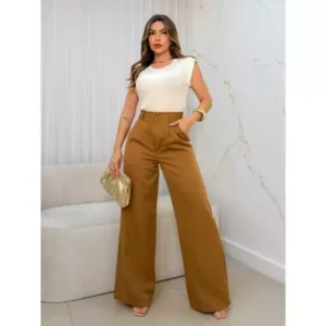 Calça Feminina Social Alfaiataria Com Cinto Preto Tendencia Verão