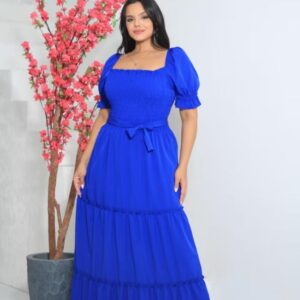 Vestido Longo Evangélico Feminino com Cinto manga bufante e elastex ajustado ao corpo