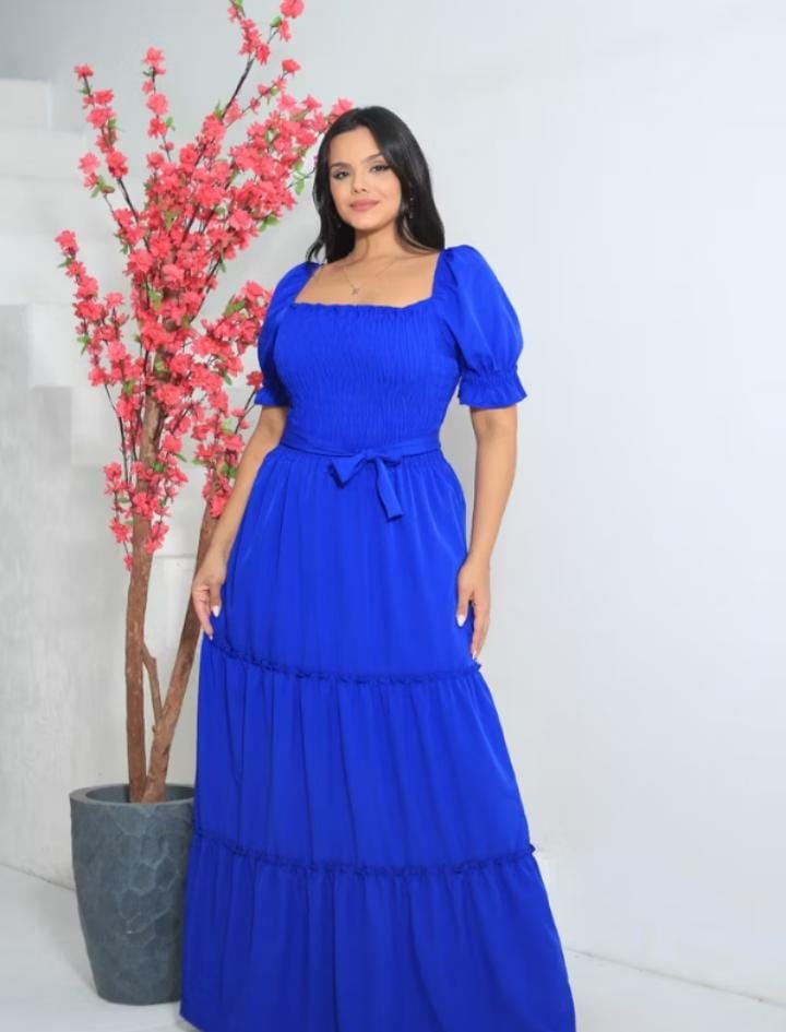 Vestido Longo Evangélico Feminino com Cinto manga bufante e elastex ajustado ao corpo